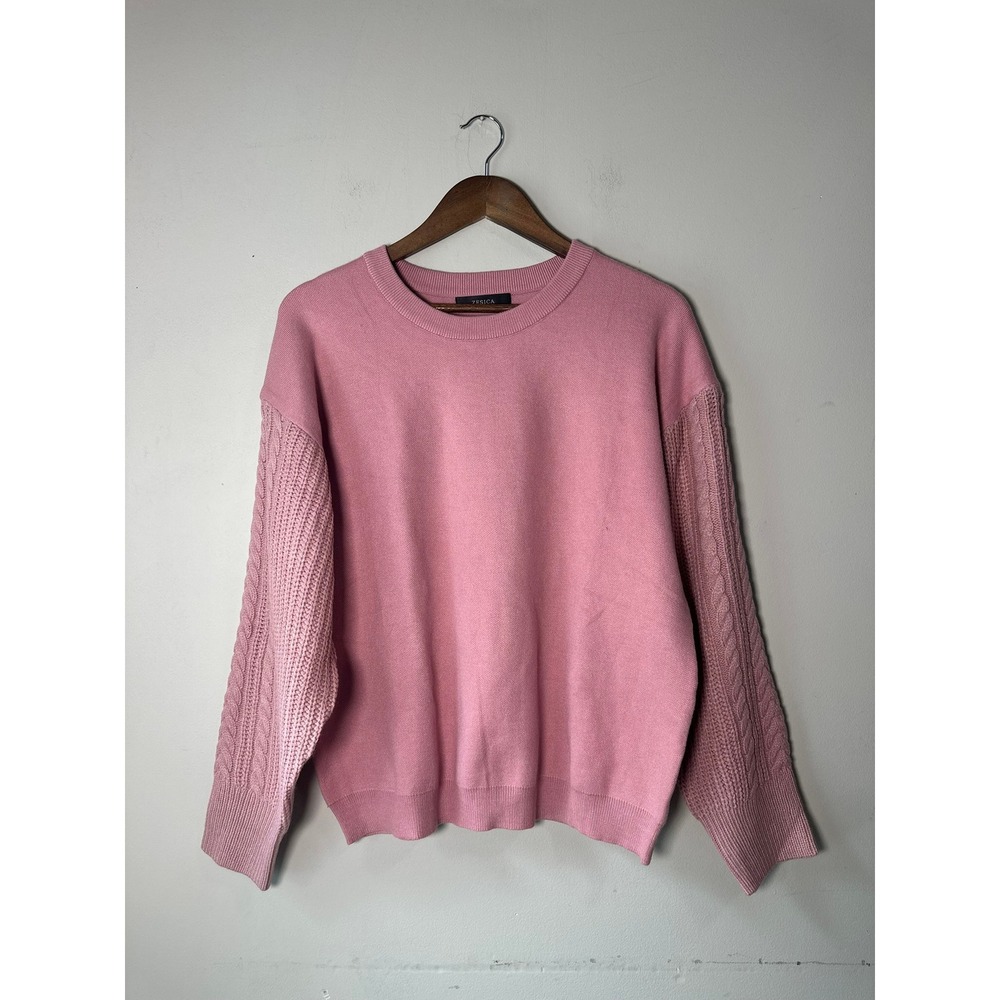 🎃Zesica Pink Cable Knit Sleeve Crewneck Sweater Large Mixed Knit Pullover